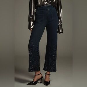 NWOT Anthropologie Maeve Colette Cropped High-Rise Wide-Leg Jeans Sequin Sz 24P